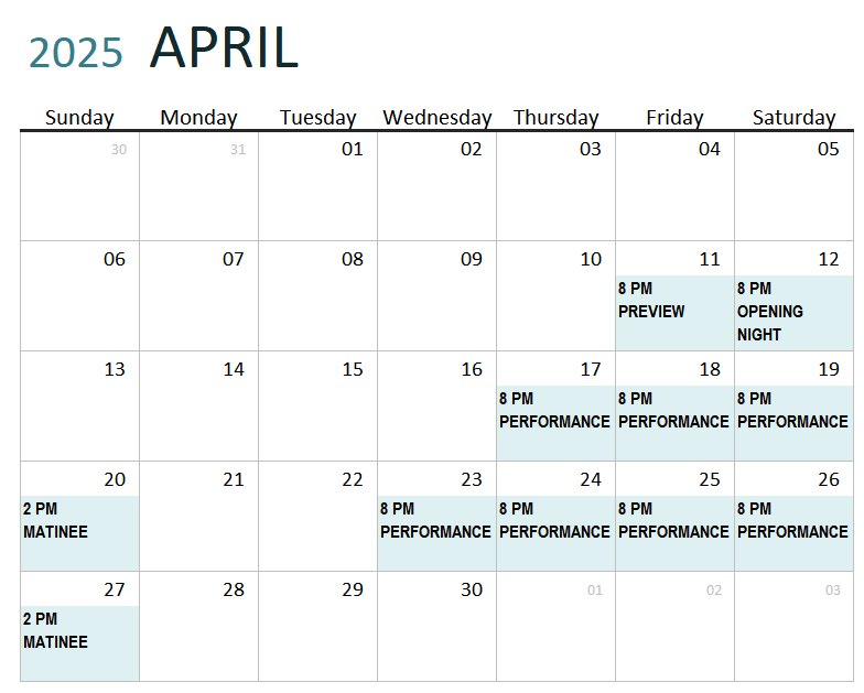 Calendar Calendar of show dates